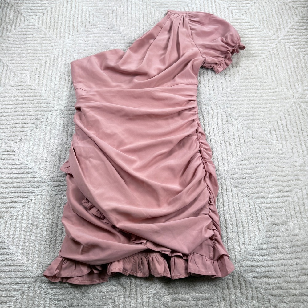 Hello Molly One Shoulder Ruched Mini Dress Women 6 Pink Ruffle Cocktail Coquette